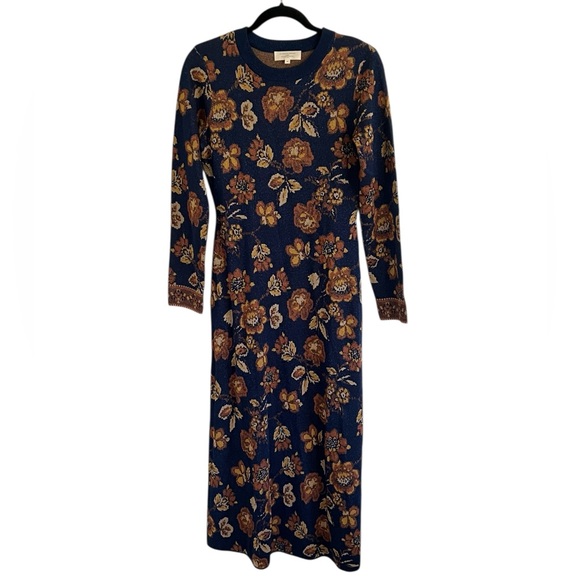 Sezane Andreas Metallic Long Sleeve Dress in Navy Flowers Medium